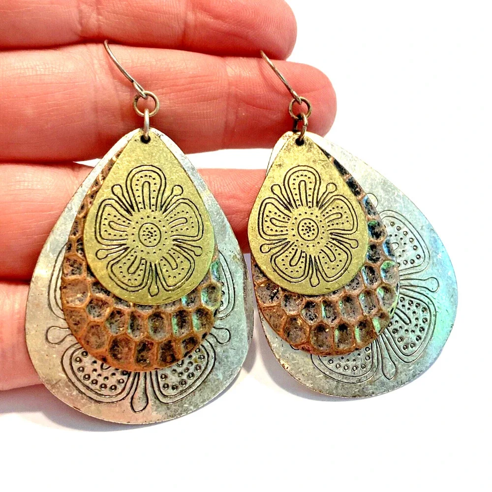Boho Pierced Earrings Huge Embossed Teardrops Gold Silver Copper Festival Chic